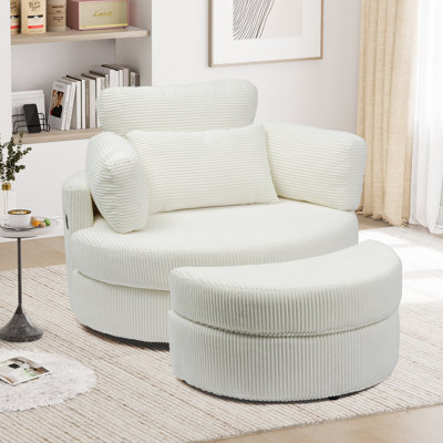 Swivel Accent Chair, Swivel Chair With Ottoman, Oversized Barrel Chair With Usb Charging Port, Round Chaise Lounge Indoor With 4 Pillow, Reading Chair by Everly Quinn