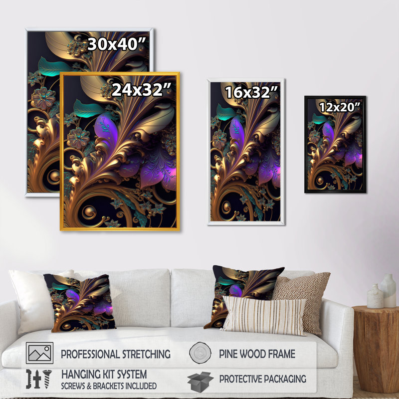 Fleurs abstraites ornées en mauve et or V - art mural floral, H 20 po x l 12 po x P 1 po, Toile à cadre flottant noir