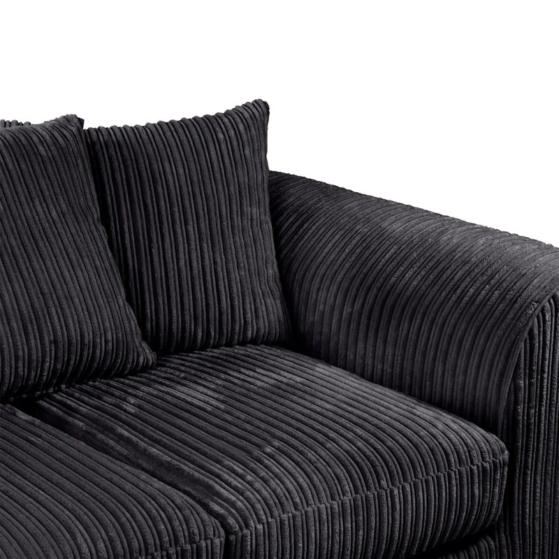 3 Seater Corduroy Sofa, Black, 90cm H x 190cm W x 90cm D