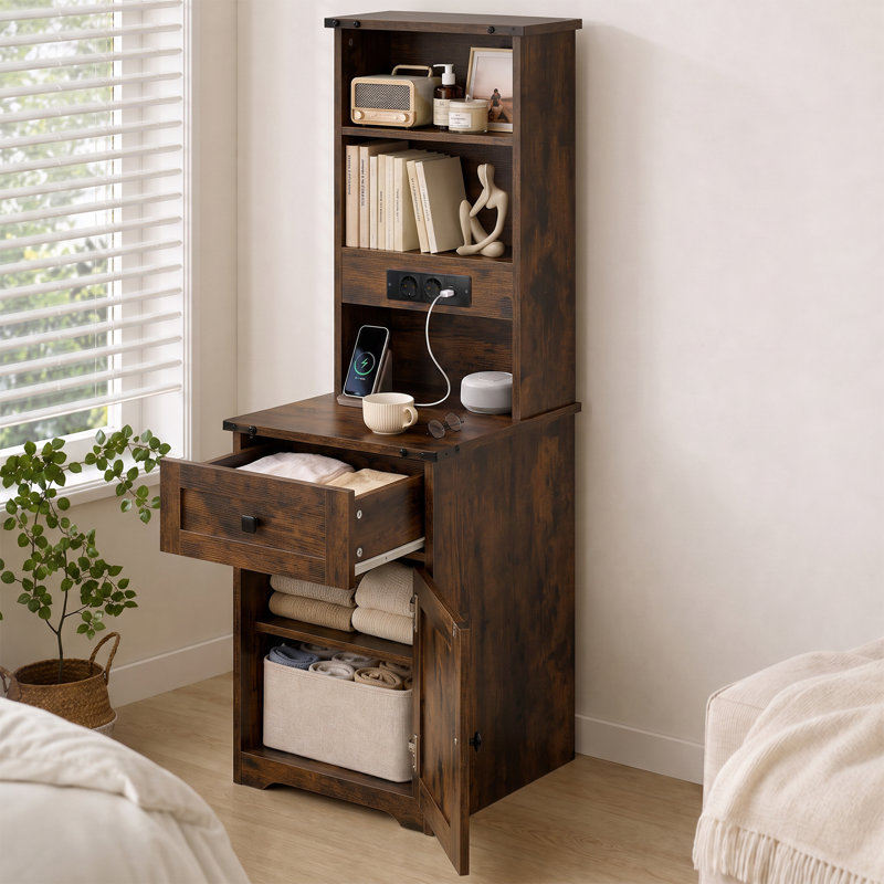 Tall Nightstand with Charging Station, Brown