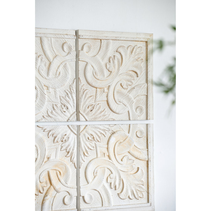 17.5X17.5" Natural Fir Wood Panels, Distressed White-Wash, Intricate Medallion For Multiple Interior Themes Wooden 100% Wood, Accent Diverse Styles