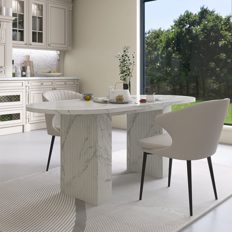 Table de salle à manger pour 6 personnes Modern Modern Farmhouse, table de cuisine en marbre avec base en bois, surface imperméable et résistante aux égratignures, table en marbre blanc seulement