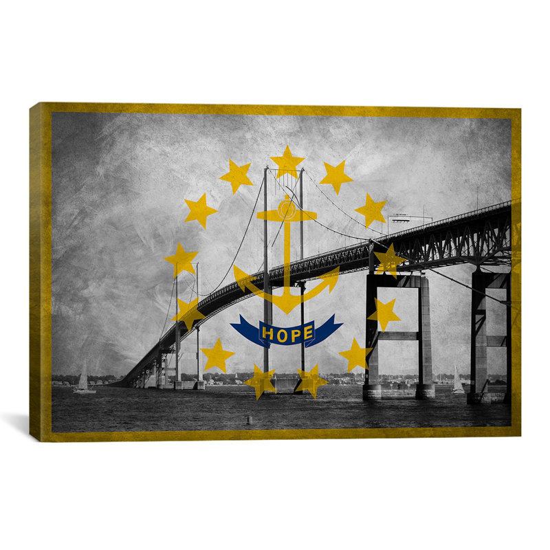 « Flag Rhode Island », grunge, Bell Newport Bridge-impression d’art graphique sur toile, H 12 po x l 18 po x P 0,75 po