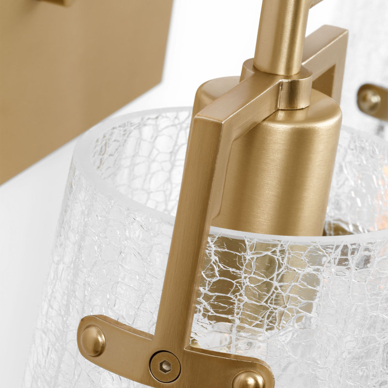Crofton Bathroom Bedroom Wall Fixture With Clear Crackle Glass Shade, 2 Lights, Satin Brass, 9" H x 14.625" W x 7.5" D