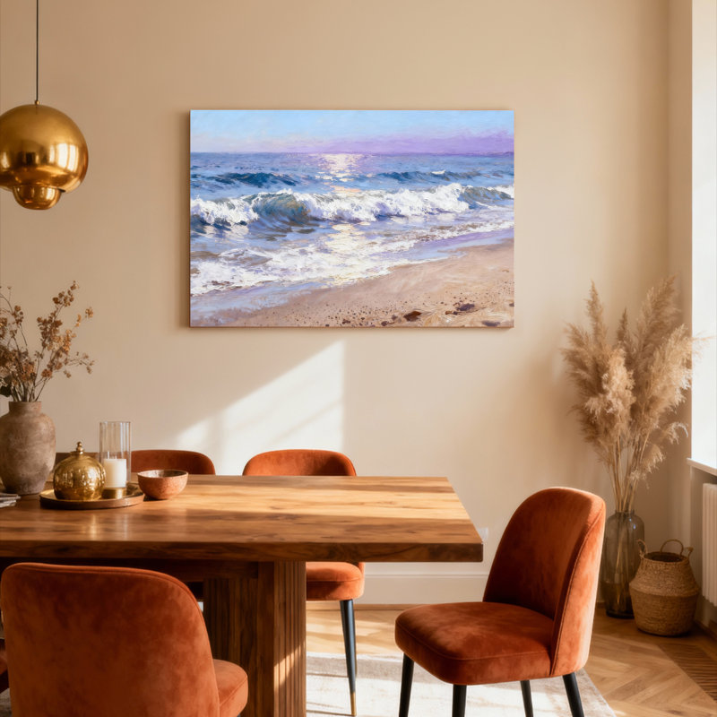 Ensemble d'une toile tendue représentant une scène de coucher de soleil sur la plage et les vagues de l'océan