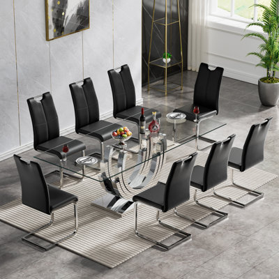 70" Glass Dining Table Set, Clear Glass Dining Table with Stainless Steel Pedestal & Leather Dining Chairs, 70" Rectangle Dining Room Table and Chairs Set, Modern Kitchen Table Set