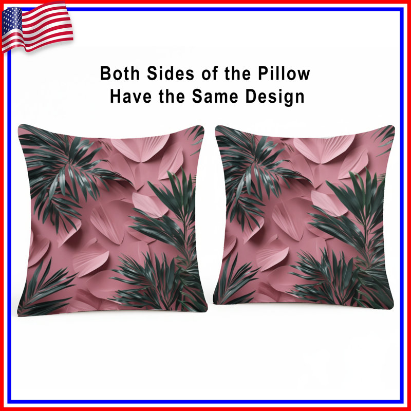 Coussins décoratifs roses à motif de feuilles de palmier tropical, 18 po x 18 po