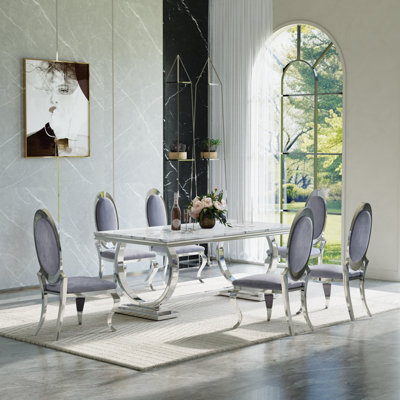 7-Piece Dining Set with Faux Marble Tabletop and Stainless Steel Chairs – Modern Dining Table Set for 6