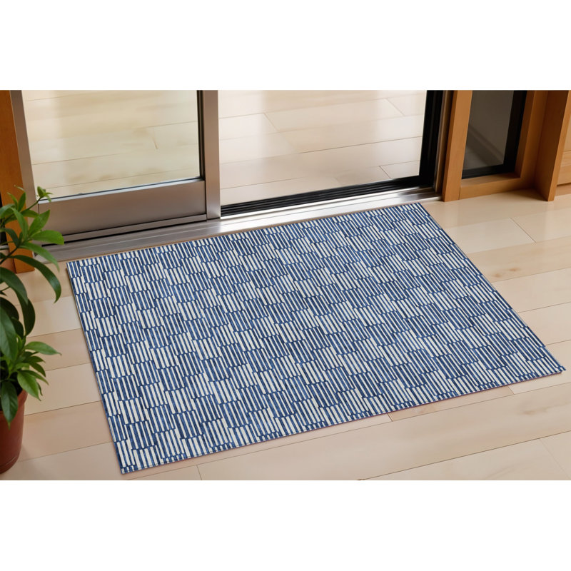 Tapis d'intérieur / extérieur géométrique lavable bleu marine 3 pi x 5 pi