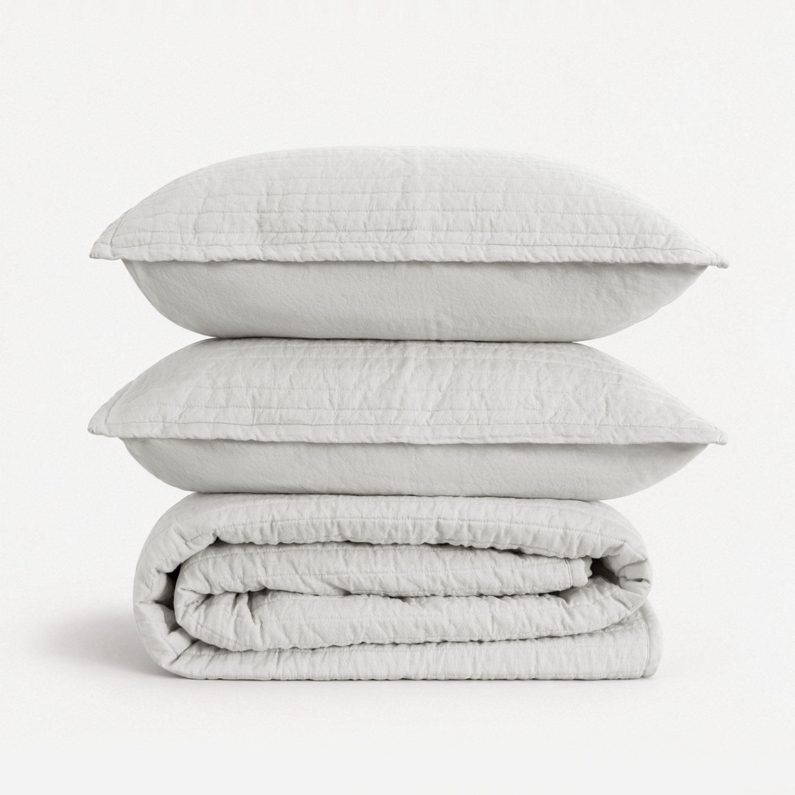 100% French Linen Channel Quilted Breathable Quilt Set With Shams, Queen Quilt + 2 Standard Shams, Light Gray