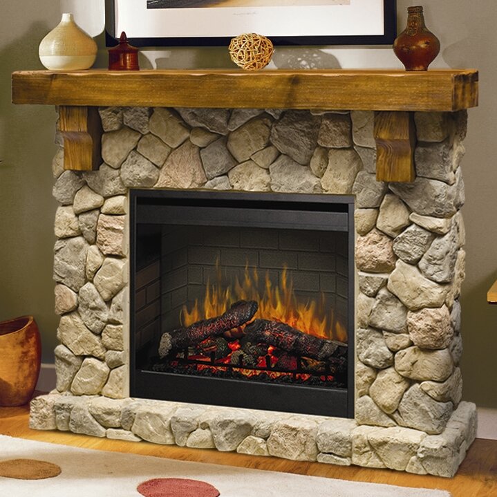 Dimplex Fieldstone Electric Fireplace with Mantel Surround Package - Pine with Natural Stone-look