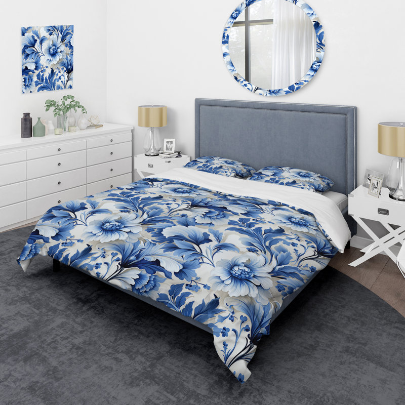 Cobalt Blue Acanthus Leaves Victorian Pattern Polyester Duvet Cover Set, Twin Duvet Cover + 1 Standard Sham