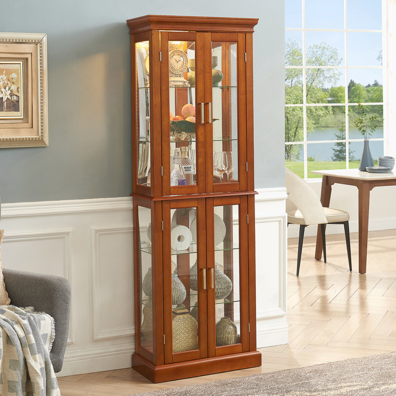 Vitrine lumineuse avec tablettes réglables et dossier en miroir pour mettre en valeur diverses collections avec style, Walnut