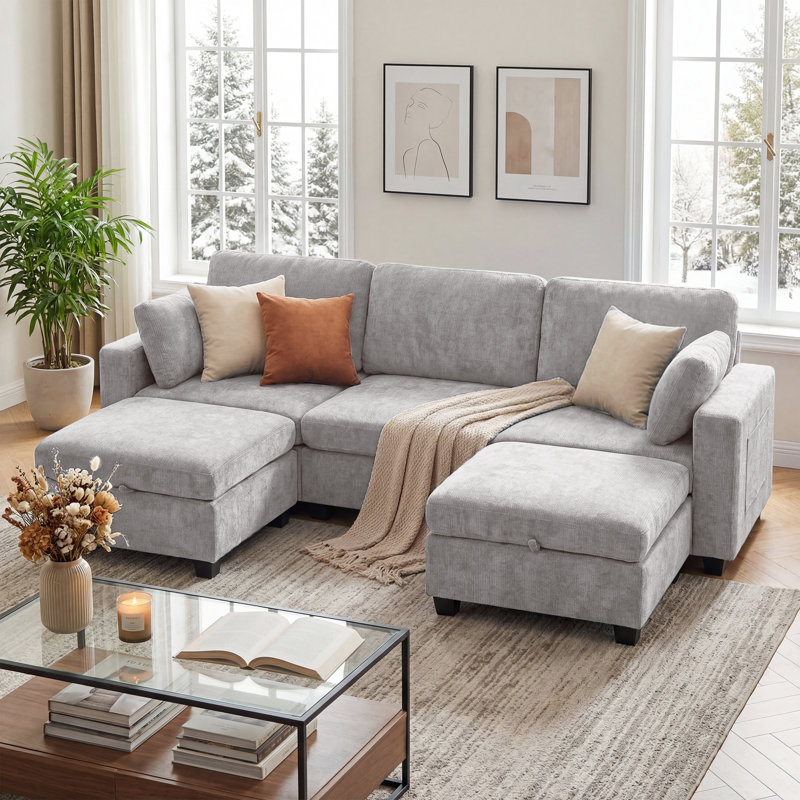 106" Wide Reversible U-Shaped Modern Modular Sectional Sofa With 2 Storage Ottomans, Charging Port, Arm Pillows, Side Pockets