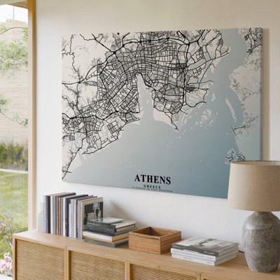 Toile, art mural de la carte d'Athènes en Grèce méticuleusement fabriquée en noir et blanc