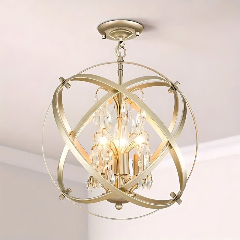 Lustre en cristal doré à 4 lumières sphériques encastrées, abat-jour en forme de sphère industrielle avec abat-jour en forme de goutte d'eau, luminaire suspendu réglable pour la salle à manger