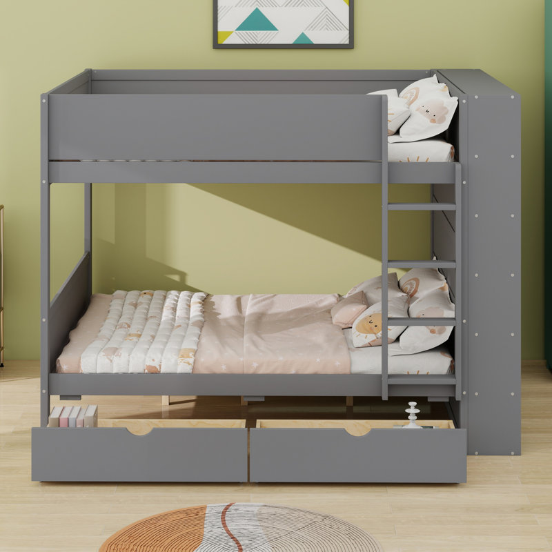 Lit superposé avec 2 tiroirs et armoire à couches multiples, Gris, Lit superposé double sur double