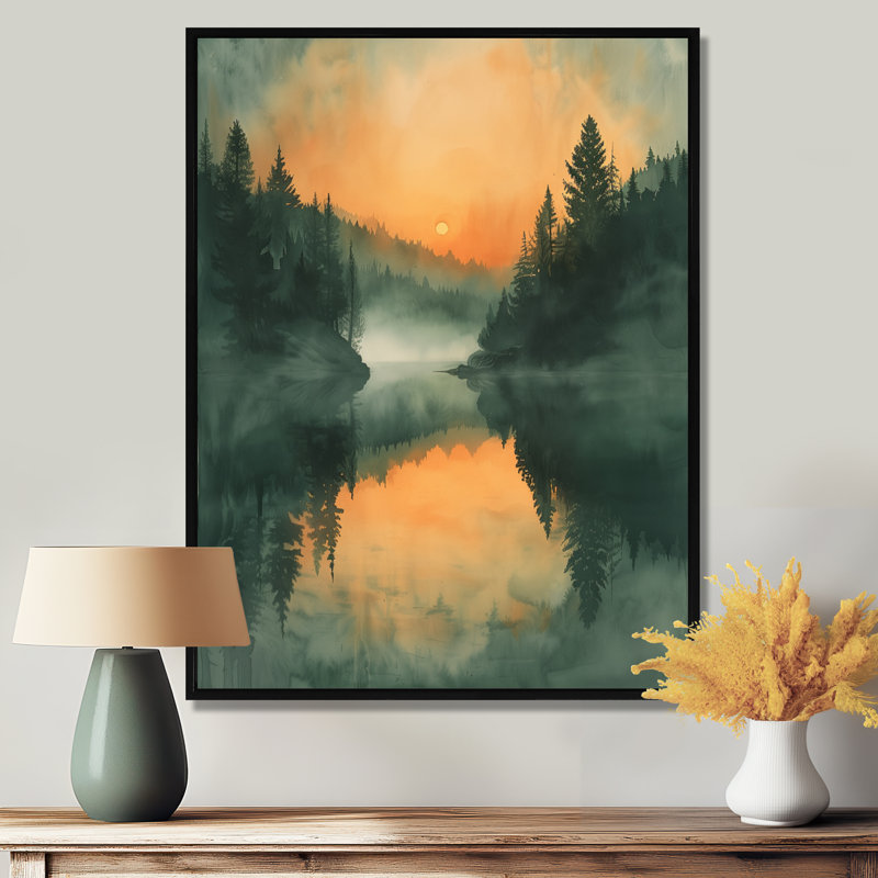 Décoration murale orange, forêt verte, lac au coucher du soleil, Cadre flottant noir, bois massif, H 32 po x l 24 po