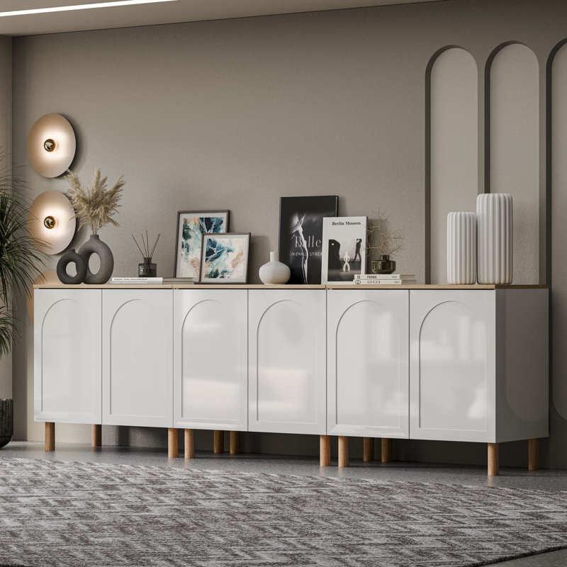 Bohem Sideboard with MDF Doors, White/Oak, 34" x 105" W x 20" D