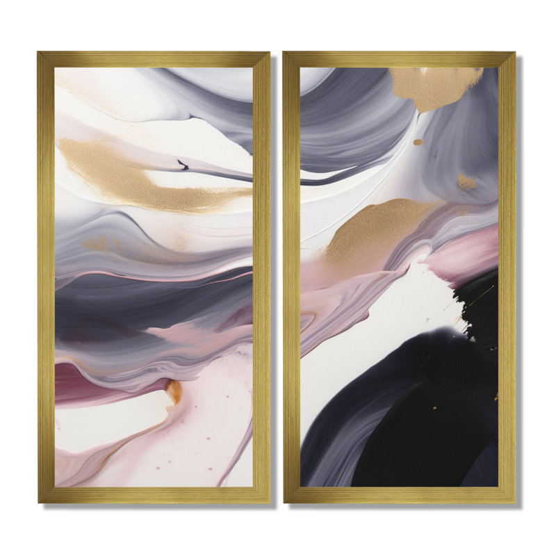 Symphonie marbrée grise et dorée - art abstrait marbré, décoration murale abstraite grise 2 pièces, Picture Framed Print