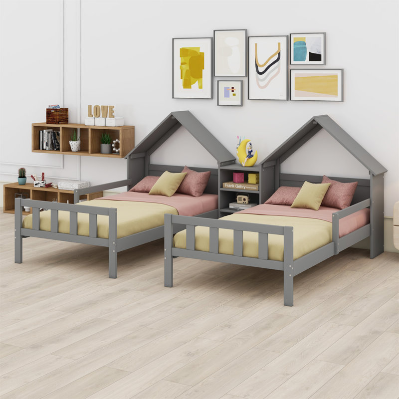 Double Platform Bed With House-Shaped Headboard And A Built-In Nightstand, Grey