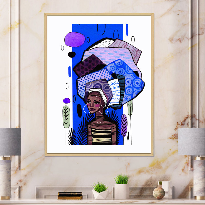 Fille afro-américaine avec géométrie bleue - Peinture sur toile, H 32 po x l 24 po, Cadre flottant en érable