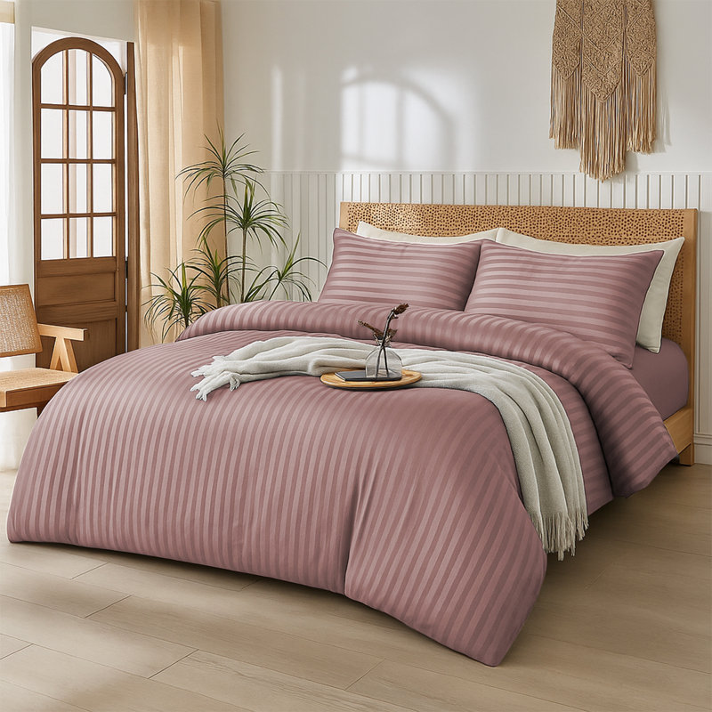 Aspire Homeware 4 Piece Hotel Quality Striped Duvet Bedding Set with Pillowcases and Fitted Sheet for Luxury Bedding Comfort