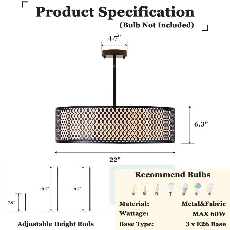 Matte Black Iron Drum Chandelier, Industrial Pendant Light for Kitchen Island Dining Room
