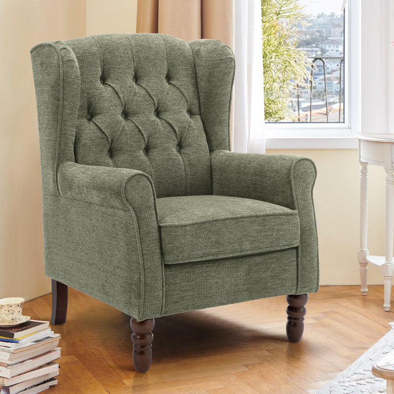 Button-Tufted Wingback Accent Chair - Solid Wood Legs with Rolled Arm &Thick Padded Cushion, Brown, Green Polyester
