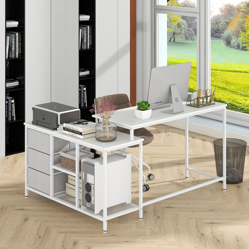 L-Shaped Computer Desk with Drawers & Shelves 81” Convertible Home Office Desk with Charging Station, White/White