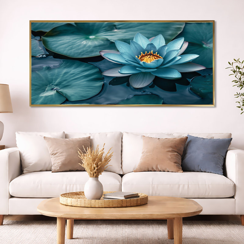 Décoration murale bleu sarcelle eau lotus I - bleu, H 28 po x l 60 po, Cadre flottant doré