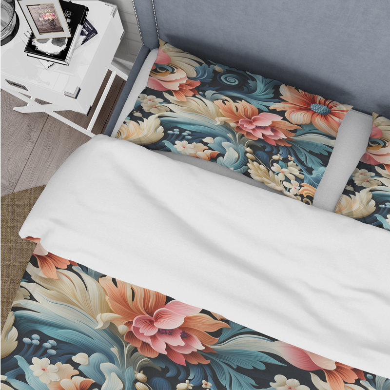 Motif botanique bleu et rose à motif cachemire I - Ensemble de housse de couette à motif cachemire - Polyester en microfibre