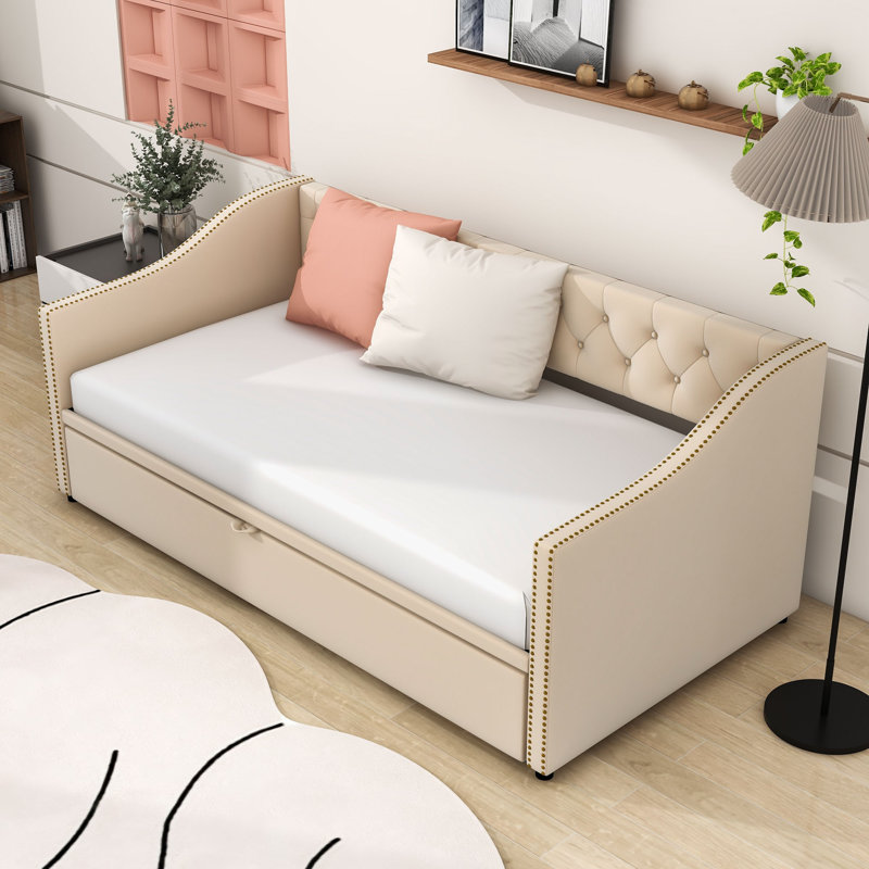 Cristaly Wood Upholstered daybed with Pop Up Twin Trundle, Beige