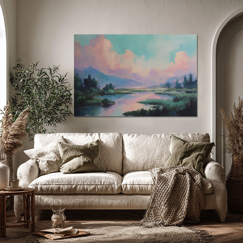 «Dreamy Pink Landscape», art mural sur toile grand format - Décoration de salon, de chambre à coucher ou de bureau