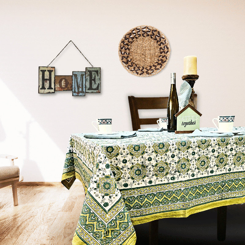 Handmade Floral 100% Cotton Tablecloth Collection, Green, 104" x 88"