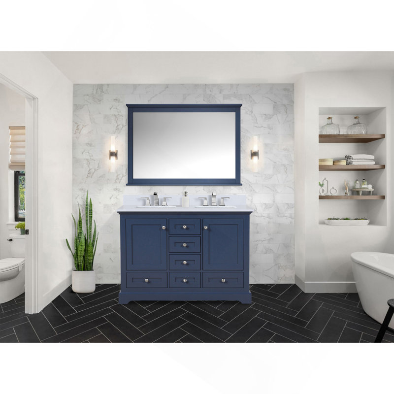 Meuble-lavabo double bleu marine 48 po X P 22 po D, plateau en quartz blanc et Miroir