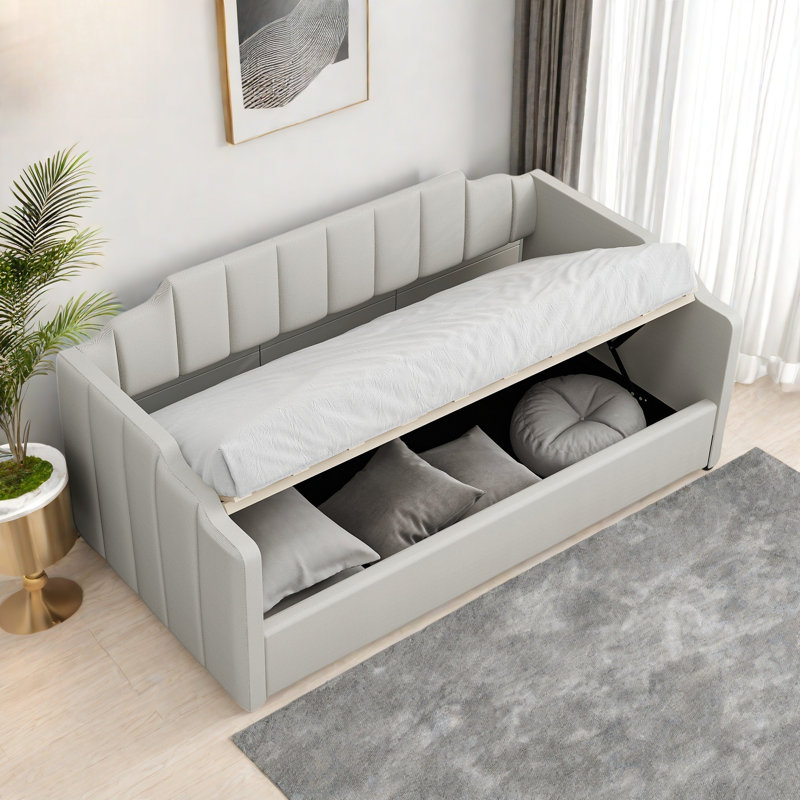 Lit de jour moderne rembourré avec plateau de rangement en dessous et motif à rayures verticales, Beige, Lit simple