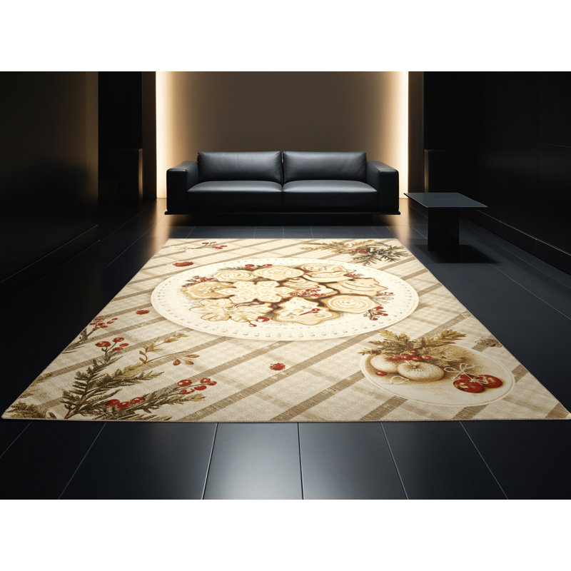 Soft Plush Farner Christmas Modern & Contemporary Abstract Area Rug in Beige – Beige Binding, 7x10