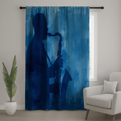 Blue Saxophone Silhouette Window Curtains, Music Sheer & Blockout Curtains - 1 Panel