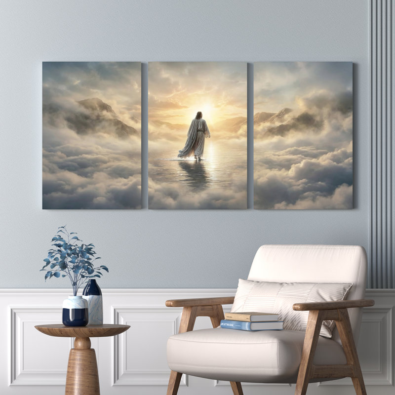 Ensemble de 3 tableaux religieux sur toile tendue représentant Jésus marchant sur les nuages, 2436