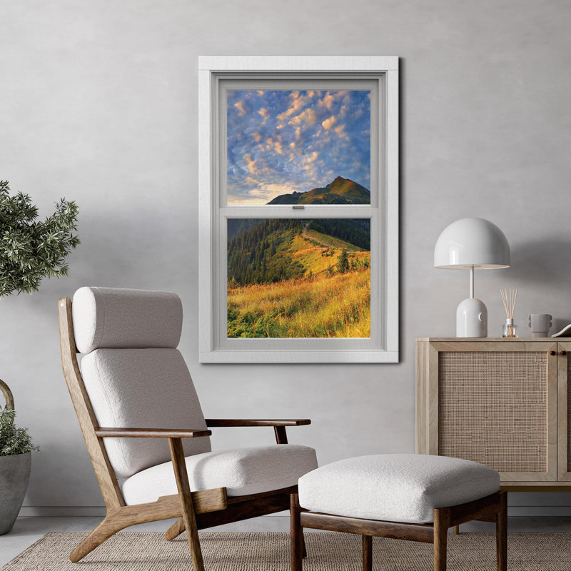 Fenêtre de paysage «Window View Mountain Range Yellow Flower Meadow Cloudy Sky Nature Decor Decor Rustic Landscape» sur toile