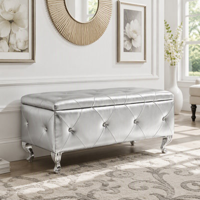 Banc de rangement avec repose-pieds en similicuir et boutons en cristal