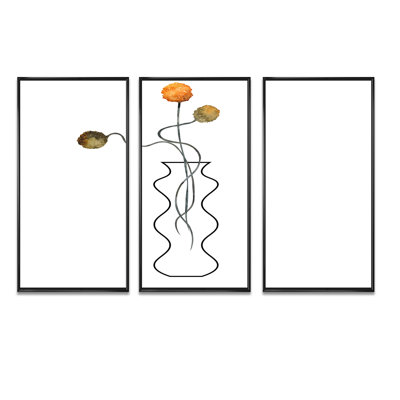 Composition avec bouquet floral minimaliste II - ensemble de 3 impressions sur toile encadrées décontractées