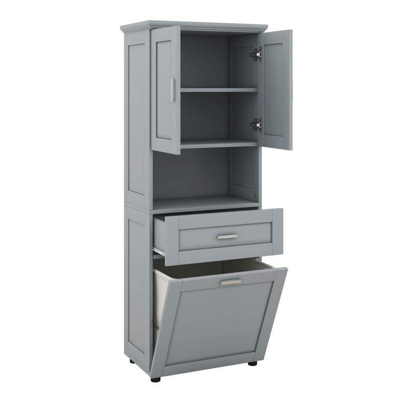 Grande armoire de salle de bain avec panier à linge inclinable et rangement supérieur, armoire de rangement avec deux portes, tablette réglable et tiroir