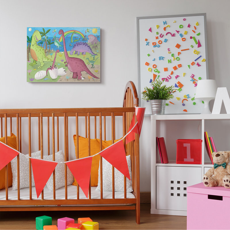 Illustration de dinosaures heureux jouant par arc-en-ciel, H 24 po x l 30 po x P 1,5 po, Toile tendue