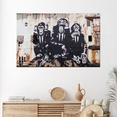 Toile imprimée: art mural en verre trempé Banksy Monkey, 1P BlackFramedCanves