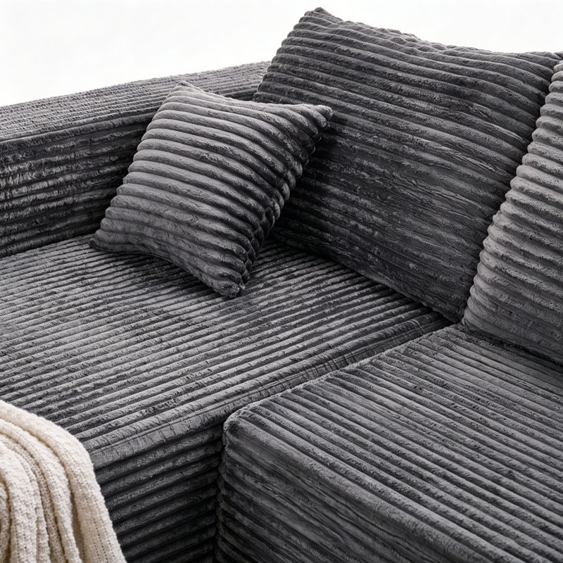92.5" Modular Sectional Compression Sofa, U-shaped Modern Corduroy Couch Set No Assembly Required Left Grey, Gray