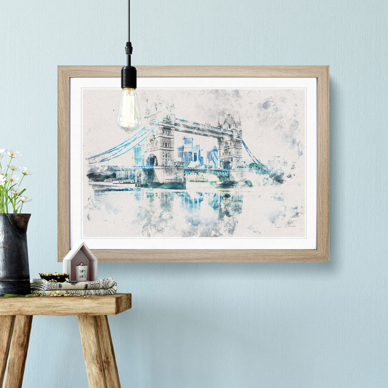 London Bridge Watercolour - Picture Frame Graphic Art Print, Oak Framed, 24cm H x 33cm W x 2cm D