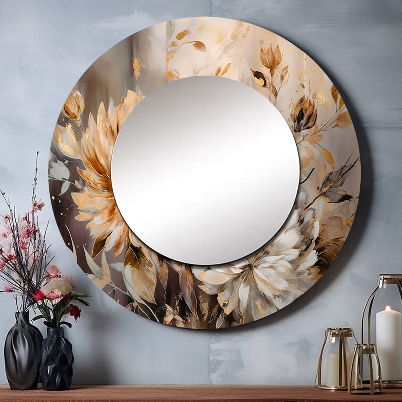 Ollye Gold White Chrysanthemum Artistry - Chrysanthemums Large Mirror, Traditional Round Decorative Wall Mirror, Printed Metal Art