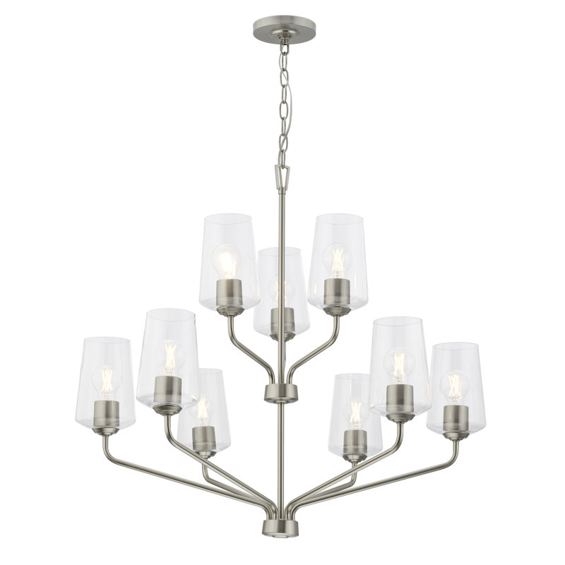 Lustre à neuf lumières avec verre transparent Celino, Nickel brossé